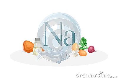 Sources of Na mineral. Salt, egg, reddish, fish healthy nutrition food. Mineral vitamin supplement vector illustration Vector Illustration