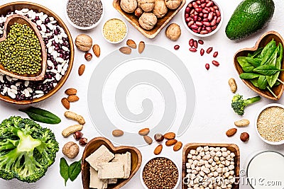 Sources of vegetable protein. Beans, nuts and other nutritious ingredients are framed. Stock Photo