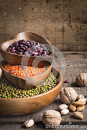 Sources of vegetable protein are various legumes and nuts Stock Photo