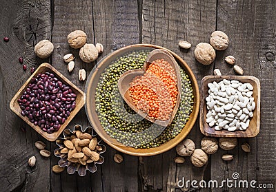 Sources of vegetable protein are various legumes and nuts. Top view Stock Photo