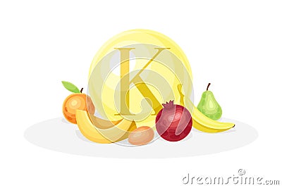 Sources of vitamin K. Apple, pear, watermelon, pomegranate, egg healthy nutrition food. Mineral vitamin supplement Vector Illustration