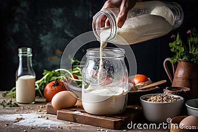 sourdough starter being fed with fresh ingredients and water for a new batch Stock Photo