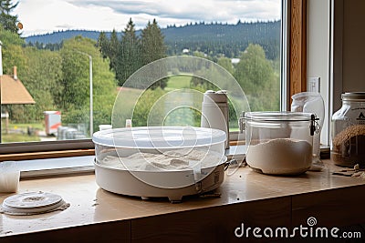 sourdough starter, being fed and nurtured in kitchen, with view of rolling hills Stock Photo