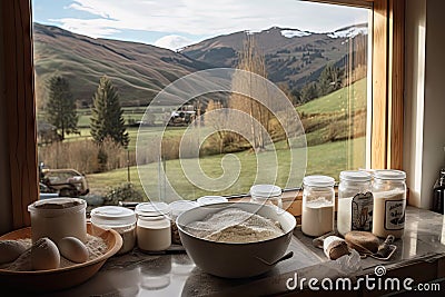 sourdough starter, being fed and nurtured in kitchen, with view of rolling hills Stock Photo