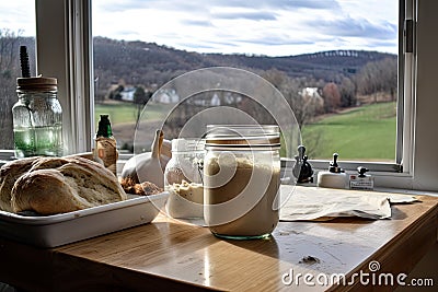 sourdough starter, being fed and nurtured in kitchen, with view of rolling hills Stock Photo