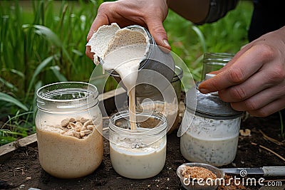sourdough starter being fed and nurtured into a thriving colony of microorganisms Stock Photo