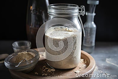 sourdough starter, fermenting in glass jar with airlock Stock Photo