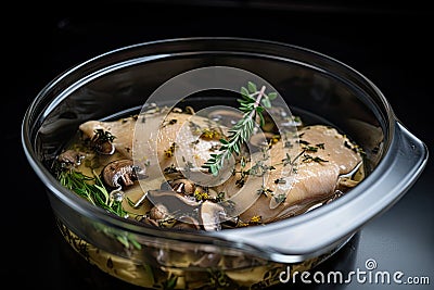 sous-vide chicken cooked in flavorful broth with mushrooms and herbs Stock Photo