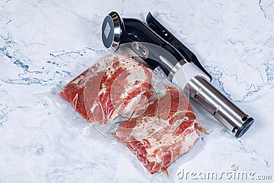 Sous vide immersion circulator cooker and the mea Stock Photo