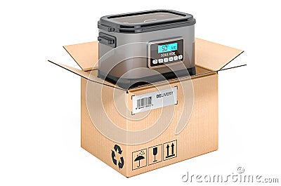Sous vide machine inside cardboard box, delivery concept. 3D rendering Stock Photo