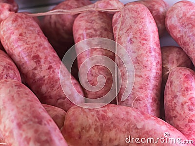 Sousage of pork meat in a market Stock Photo