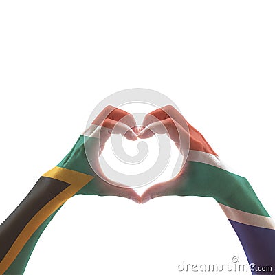 South Africa flag on woman hands in heart shape isolated on white background for national unity, union, love and reconciliation Stock Photo