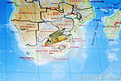 South Africa on map with miniature trolley, diamond mining concept Stock Photo