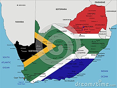 South Africa highly detailed political map with national flag. Vector Illustration