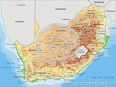 High detailed South Africa physical map with labeling. Vector Illustration