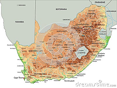 High detailed South Africa physical map with labeling. Vector Illustration