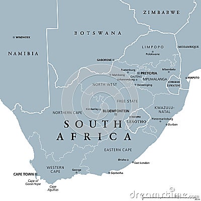 South Africa, gray political map with provinces and largest cities Vector Illustration