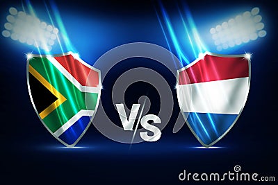 South Africa Vs Netherlands Cricket match championship concept design with flags of both countries inside shields Stock Photo