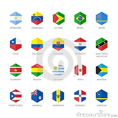 South America and Caribbean Flag Icons. Hexagon Flat Design. Vector Illustration