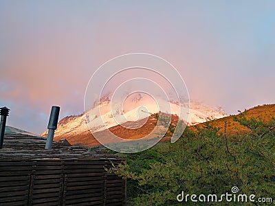 South America Chile EcoCamp Chilean Patagonia Tour Torres del Paine W Trek Dome Luxury Camping Sunrise Snow Mountain Peak Hiking Editorial Stock Photo