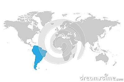 South America continent blue marked in grey silhouette of World map. Simple flat vector illustration Vector Illustration