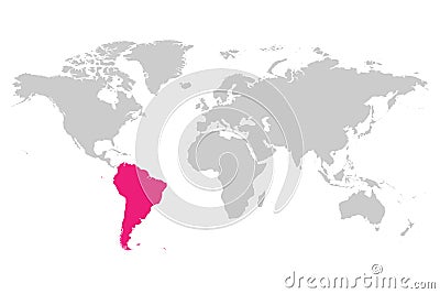 South America continent pink marked in World map Vector Illustration