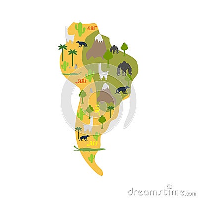 South America flora and fauna. Map Animals and plants on mainland. Vector Vector Illustration