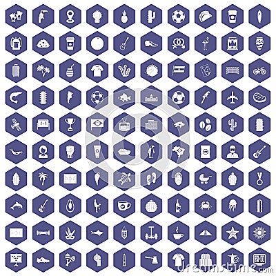 100 South America icons hexagon purple Vector Illustration