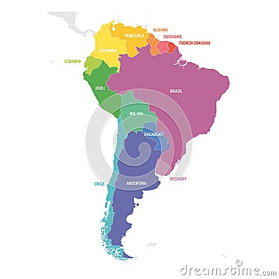 South America Region. Colorful map of countries in southern America. Vector illustration Vector Illustration
