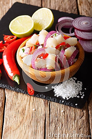 South American ceviche of fish cod with onions and peppers in a Stock Photo