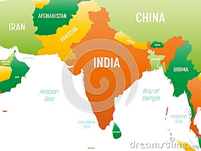 South Asia detailed political map with lables Vector Illustration