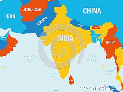 South Asia map - 4 bright color scheme. High detailed political map of southern asian region and Indian subcontinent Vector Illustration