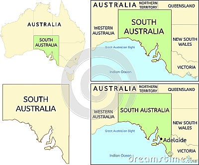 South Australia state location on map of Australia. Capital city is Adelaide Vector Illustration