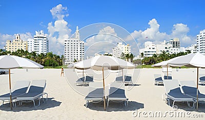 South Beach lounge chairs and umbrellas Stock Photo