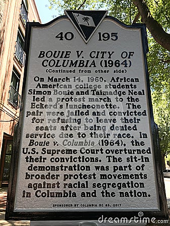 South Carolina Historic Placard detailing Bouie v. City of Columbia Editorial Stock Photo