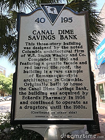 South Carolina Historic Placard detailing the creation of the Canal Dime Savings Bank Building on Main St in Columbia, SC Editorial Stock Photo