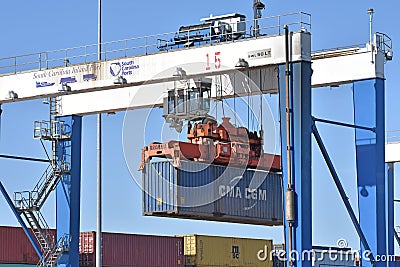 South Carolina Inland Port Spreader Crane with logo Editorial Stock Photo