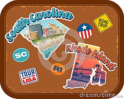 South Carolina, Rhode Island travel stickers with scenic attractions Vector Illustration