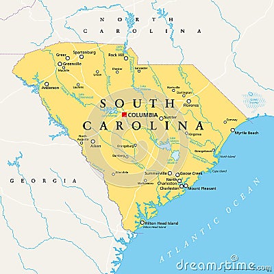 South Carolina, SC, political map, The Palmetto State Vector Illustration