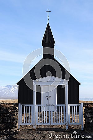 Tiny Black Church Iceland Stock Photo