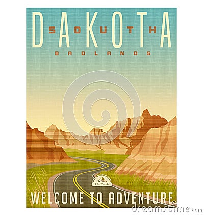 South Dakota badlands travel poster or sticker Vector Illustration
