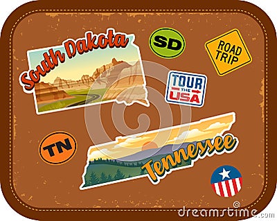 South Dakota, Tennessee travel stickers with scenic attractions Vector Illustration