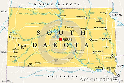 South Dakota, SD, political map, US state, The Mount Rushmore State Vector Illustration