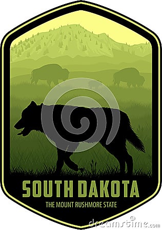 South Dakota vector label with coyote and a family of bison on the prairie Vector Illustration