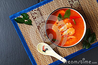 South east Asia food concept Homemade Thai Tom Yum shrimp on thai style Placemats with copy space Stock Photo