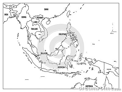 South East Asia political map. Black outline on white background with black country name labels. Simple flat vector Vector Illustration