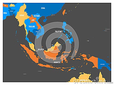 South East Asia political map in four colors with white country names labels. Simple flat vector illustration Vector Illustration