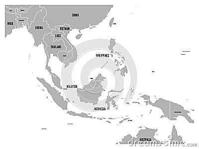South East Asia political map. Grey land on white background with black country name labels. Simple flat vector Vector Illustration