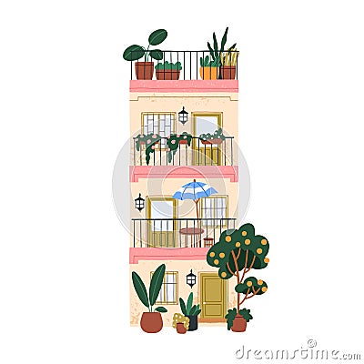 South Europe house. Spanish apartment building with balconies, outdoor plants. Cozy summer home facade, exterior, Spain Vector Illustration