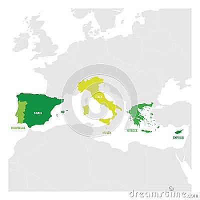 South Europe Region. Map of countries in southern Europe around Mediterranean Sea. Vector illustration Vector Illustration